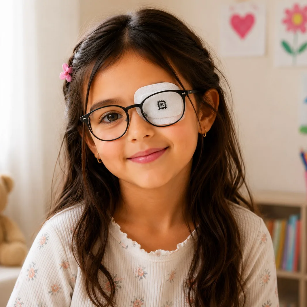 Smiling child in black glasses, at home, with the coded patch fitted over one side